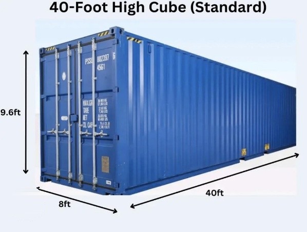 40-foot high cube shipping container dimensions: 40 ft long, 8 ft wide, 9.6 ft tall